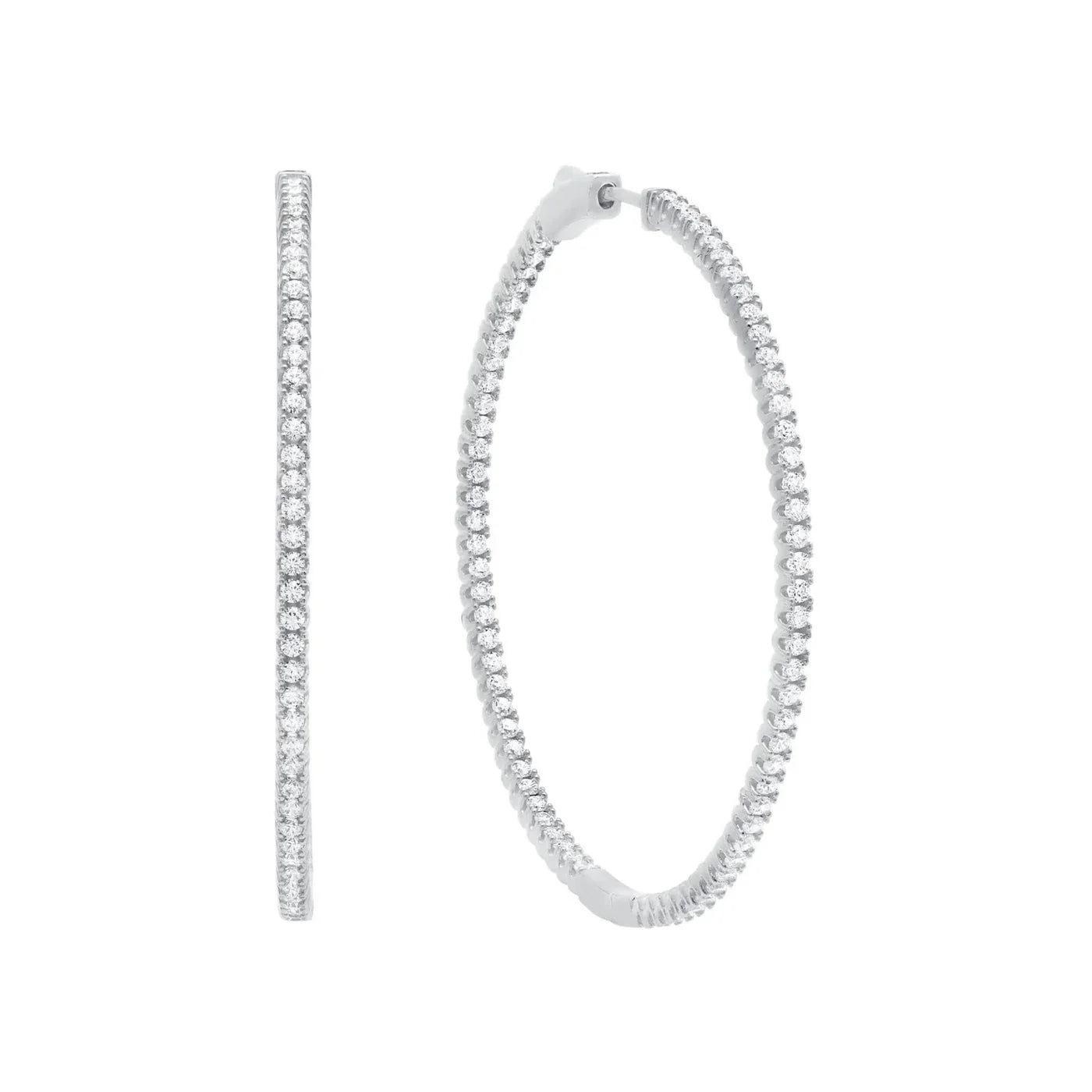 Pair of large silver-toned hoop earrings, entirely adorned with clear pave-set cubic zirconia stones.