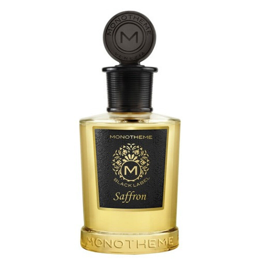 Monotheme Black Label Saffron Eau de Parfum 100ml in a black and gold bottle, available for online purchase at Paris Gallery Qatar
