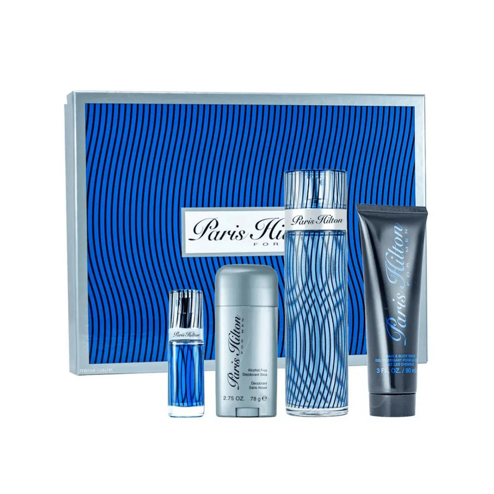 Paris Hilton Gift Set for Men – 100ml EDT + Hair &amp; Body Wash + Deo Stick + 8ml EDT at Paris Gallery Qatar