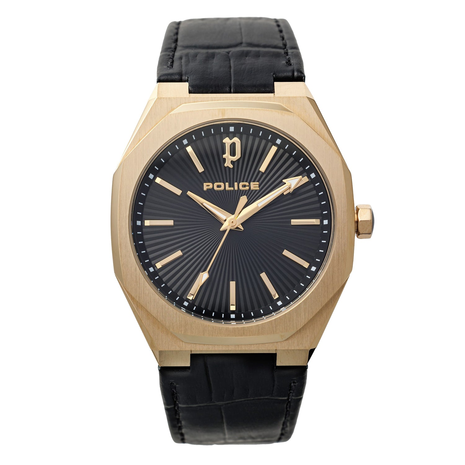 Police Gents Gold-Tone Watch with Black Dial and Leather Strap