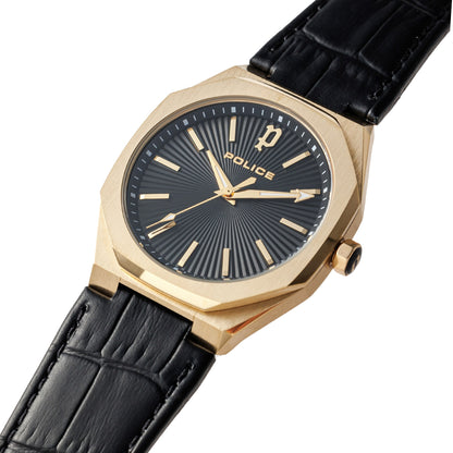 Police Gents Gold-Tone Watch with Black Dial and Leather Strap
