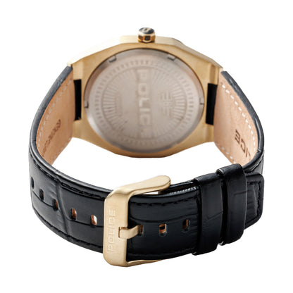 Police Gents Gold-Tone Watch with Black Dial and Leather Strap