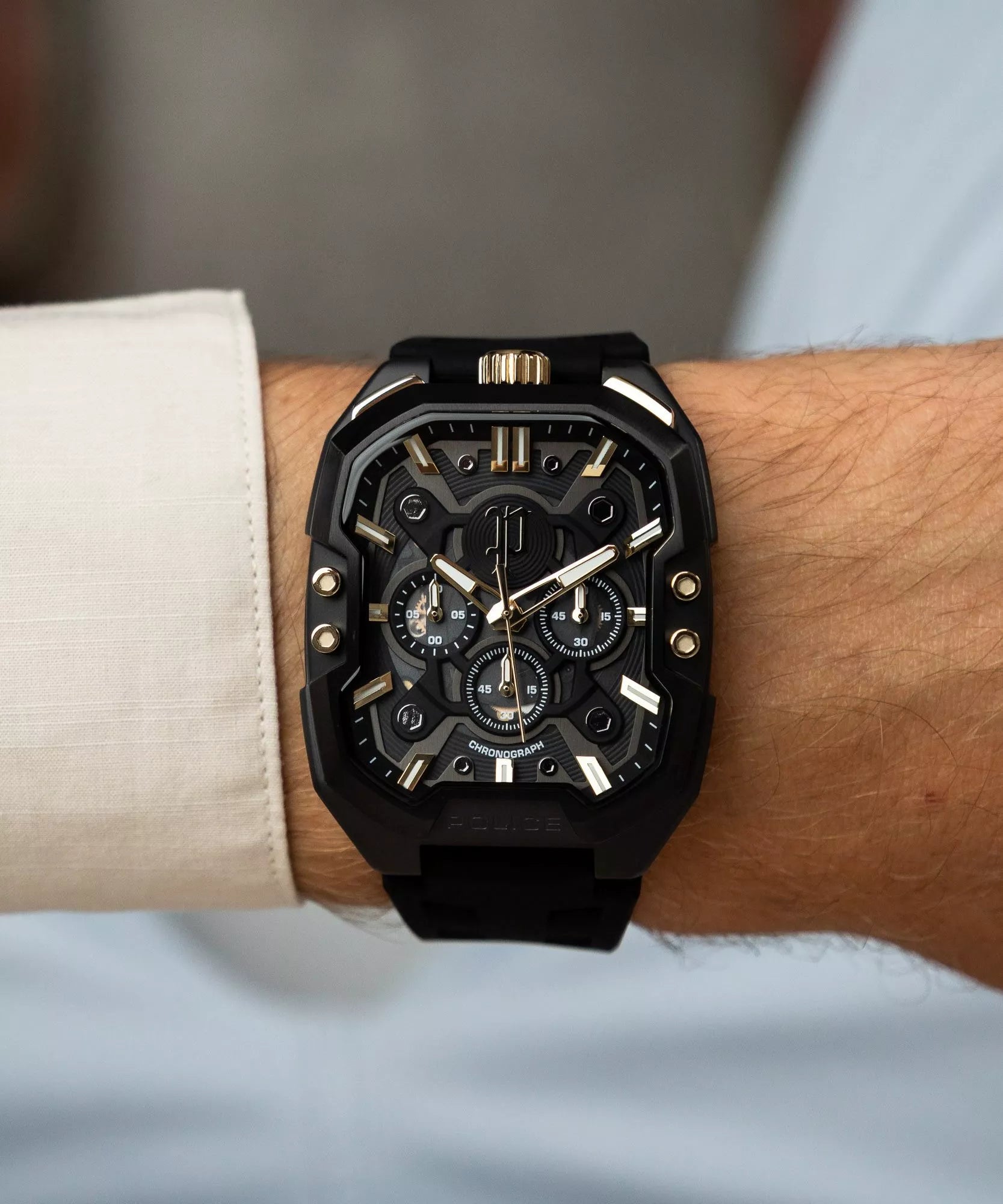Police Bullhead Chronograph Men's Watch - Black & Gold - Silicone Strap
