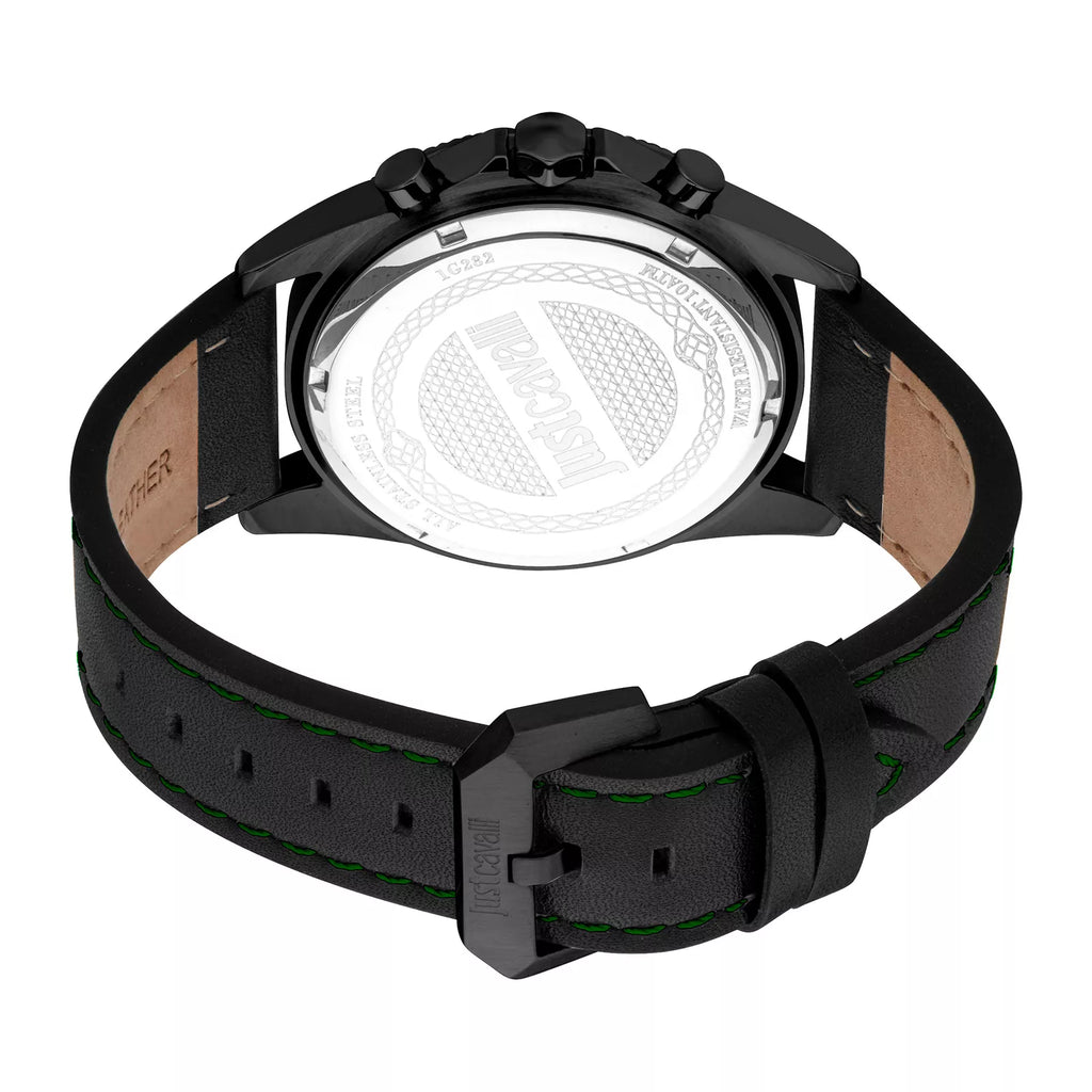 Just Cavalli Subversia Gents Silver Green Dial Black Color Case  Black Leather Strap Watch