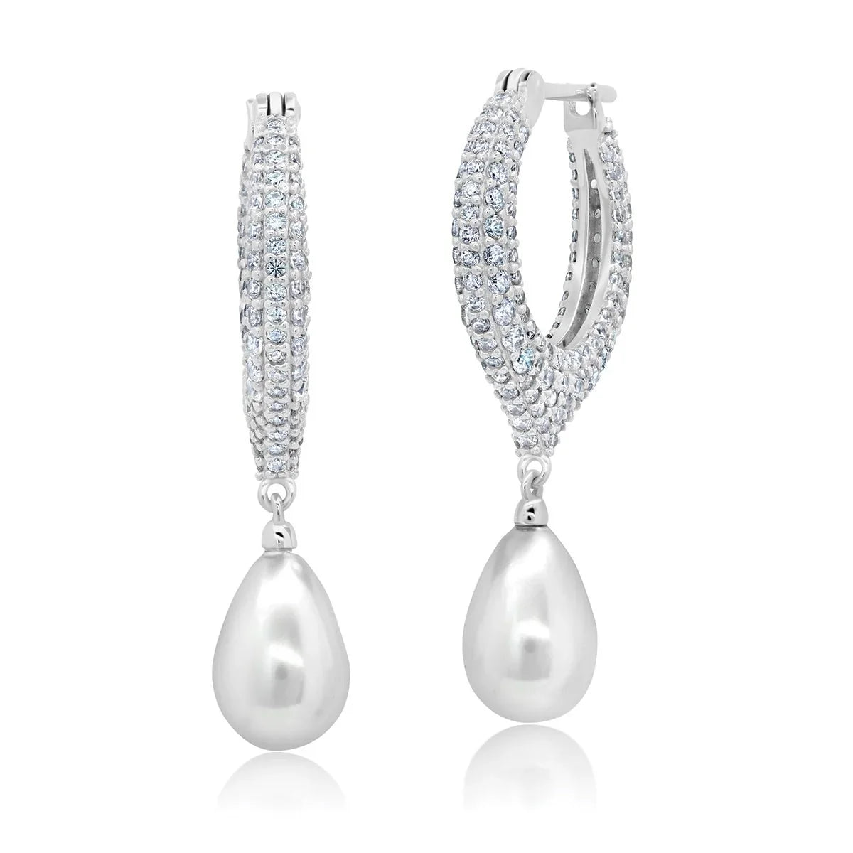 Silver-toned pavé-set oval hoop earrings with white teardrop pearl drops.