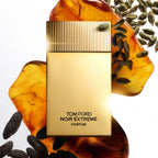 Matte gold rectangular perfume bottle with a gold-toned vertically ridged cap. Black text reads 'TOM FORD NOIR EXTREME PARFUM