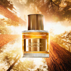 Tom Ford Bois Pacifique perfume bottle: clear glass with golden liquid, gold-toned label, ribbed gold-toned cap, and ridged g