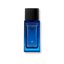 Blue rectangular hair fragrance bottle with a black ribbed cap, gold-toned text, and emblem.