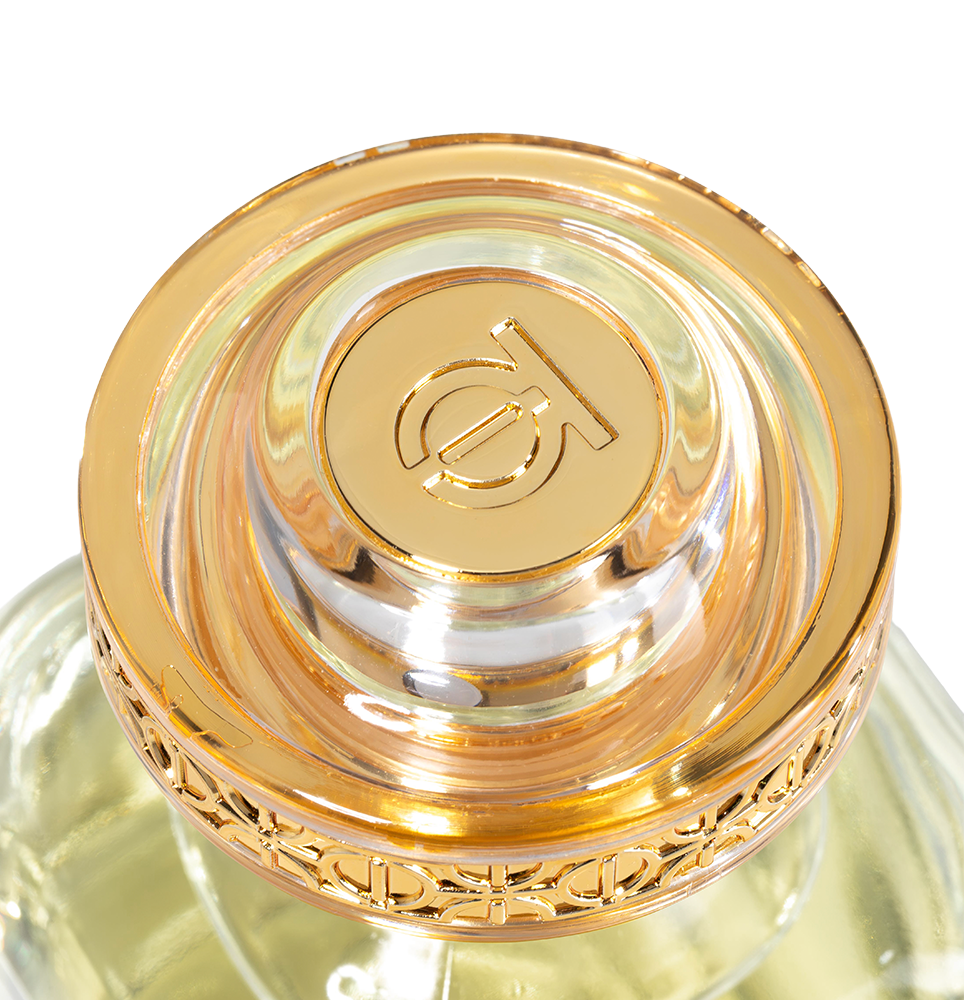 A macro, top-down view of the Touch of Oud luxury fragrance cap on Paris Gallery Qatar. The design spotlights a polished gold center engraved with the brand emblem, enclosed in thick clear acrylic with an ornate gold filigree border.