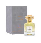 Touch of Oud Aghla 80ml perfume bottle standing next to its premium grey debossed gift box on Paris Gallery Qatar. The luxury bottle showcases its warm golden fragrance fluid against the structured presentation case.