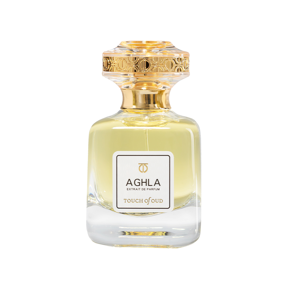 Front studio view of Touch of Oud Aghla Extrait de Parfum 80ml from Paris Gallery Qatar. The clear glass flacon contains a light olive-yellow juice, branded with a clean rectangular label and topped with an intricate gold filigree cap. Main image