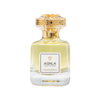 Front studio view of Touch of Oud Aghla Extrait de Parfum 80ml from Paris Gallery Qatar. The clear glass flacon contains a light olive-yellow juice, branded with a clean rectangular label and topped with an intricate gold filigree cap.