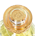 Close-up view of the intricate gold and acrylic brand-monogrammed cap on the Touch of Oud Salwan fragrance bottle, featured on Paris Gallery Qatar.