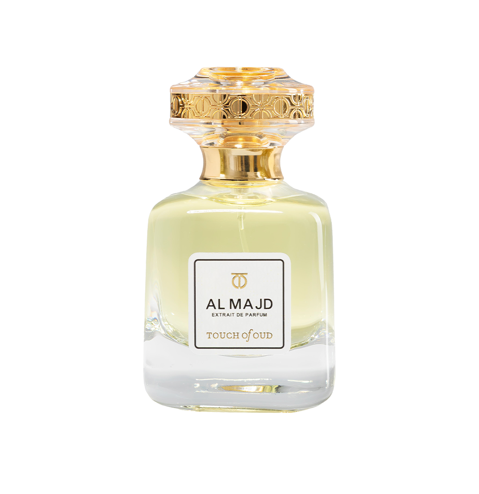 Front studio view of Touch of Oud Salwan Extrait de Parfum 80ml from Paris Gallery Qatar. The clear glass flacon contains a pale-yellow liquid, finished with a minimalist white label and gold cap.