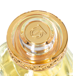 Close-up of a gold and clear cosmetic bottle cap with a brand logo on a white background.