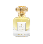Front studio view of Touch of Oud Jelood Extrait de Parfum 80ml from Paris Gallery Qatar. The clear glass flacon contains a golden-yellow liquid, branded with a white label and gold cap.