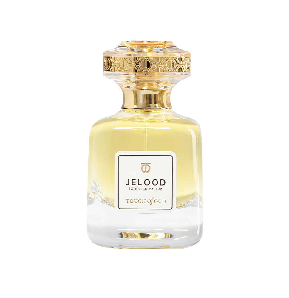 Front studio view of Touch of Oud Jelood Extrait de Parfum 80ml from Paris Gallery Qatar. The clear glass flacon contains a golden-yellow liquid, branded with a white label and gold cap.