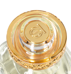 A macro, top-down view of the Touch of Oud luxury fragrance cap on Paris Gallery Qatar. The design spotlights a polished gold center engraved with the brand emblem, enclosed in thick clear acrylic with an ornate gold filigree border.
