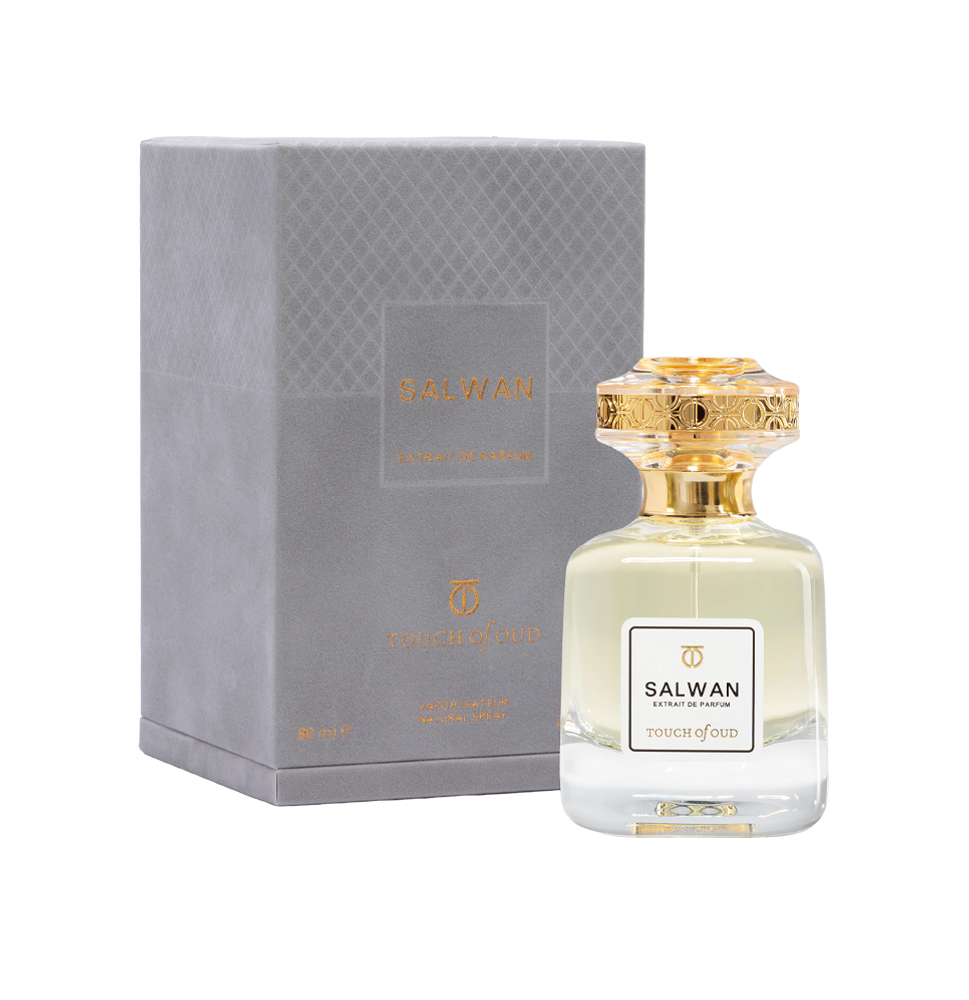Touch of Oud Salwan 80ml perfume bottle standing next to its premium grey debossed gift box on Paris Gallery Qatar. The luxury bottle showcases its elegant pale fragrance fluid against the structured presentation case.