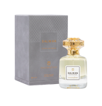 Touch of Oud Salwan 80ml perfume bottle standing next to its premium grey debossed gift box on Paris Gallery Qatar. The luxury bottle showcases its elegant pale fragrance fluid against the structured presentation case.