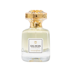 Front studio view of Touch of Oud Salwan Extrait de Parfum 80ml from Paris Gallery Qatar. The clear glass flacon contains a light, pale-yellow liquid, branded with a clean rectangular label and topped with an intricate gold filigree cap.