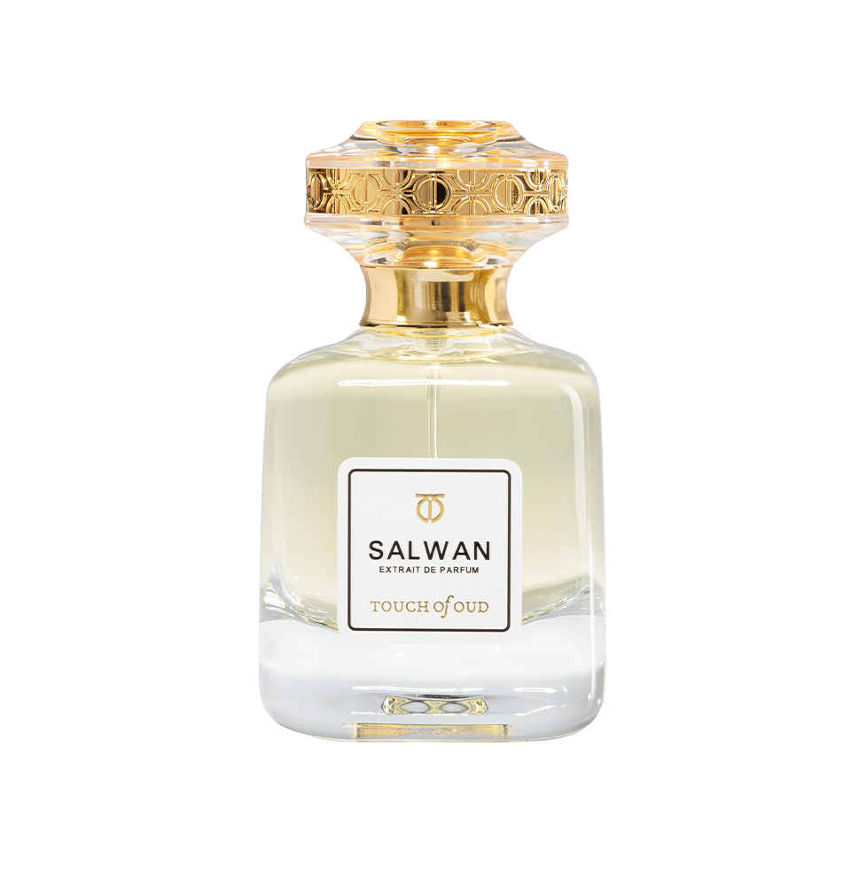 Front studio view of Touch of Oud Salwan Extrait de Parfum 80ml from Paris Gallery Qatar. The clear glass flacon contains a light, pale-yellow liquid, branded with a clean rectangular label and topped with an intricate gold filigree cap.
