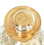 A close-up, top-down view of the luxurious Touch of Oud fragrance cap featured onParis Gallery Qatar. The design highlights a polished gold central emblem engraved with the brand logo, encased in crystal-clear acrylic with a detailed filigree gold border.