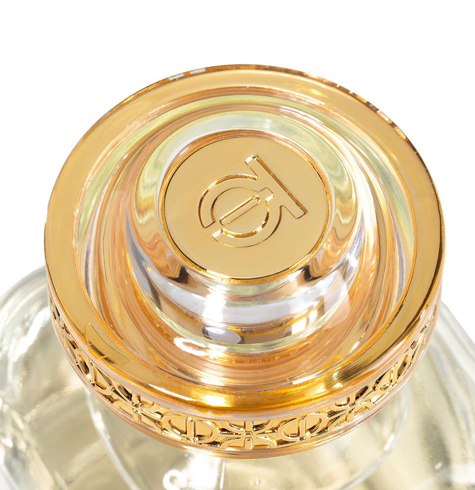 A close-up, top-down view of the luxurious Touch of Oud fragrance cap featured onParis Gallery Qatar. The design highlights a polished gold central emblem engraved with the brand logo, encased in crystal-clear acrylic with a detailed filigree gold border.
