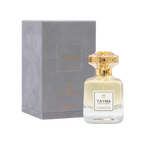 Touch of Oud Tayma 80ml perfume bottle displayed next to its premium grey textured gift box on Blue Salon Online. The elegant glass bottle showcases its pale gold fragrance fluid, paired with a matching debossed presentation box.
