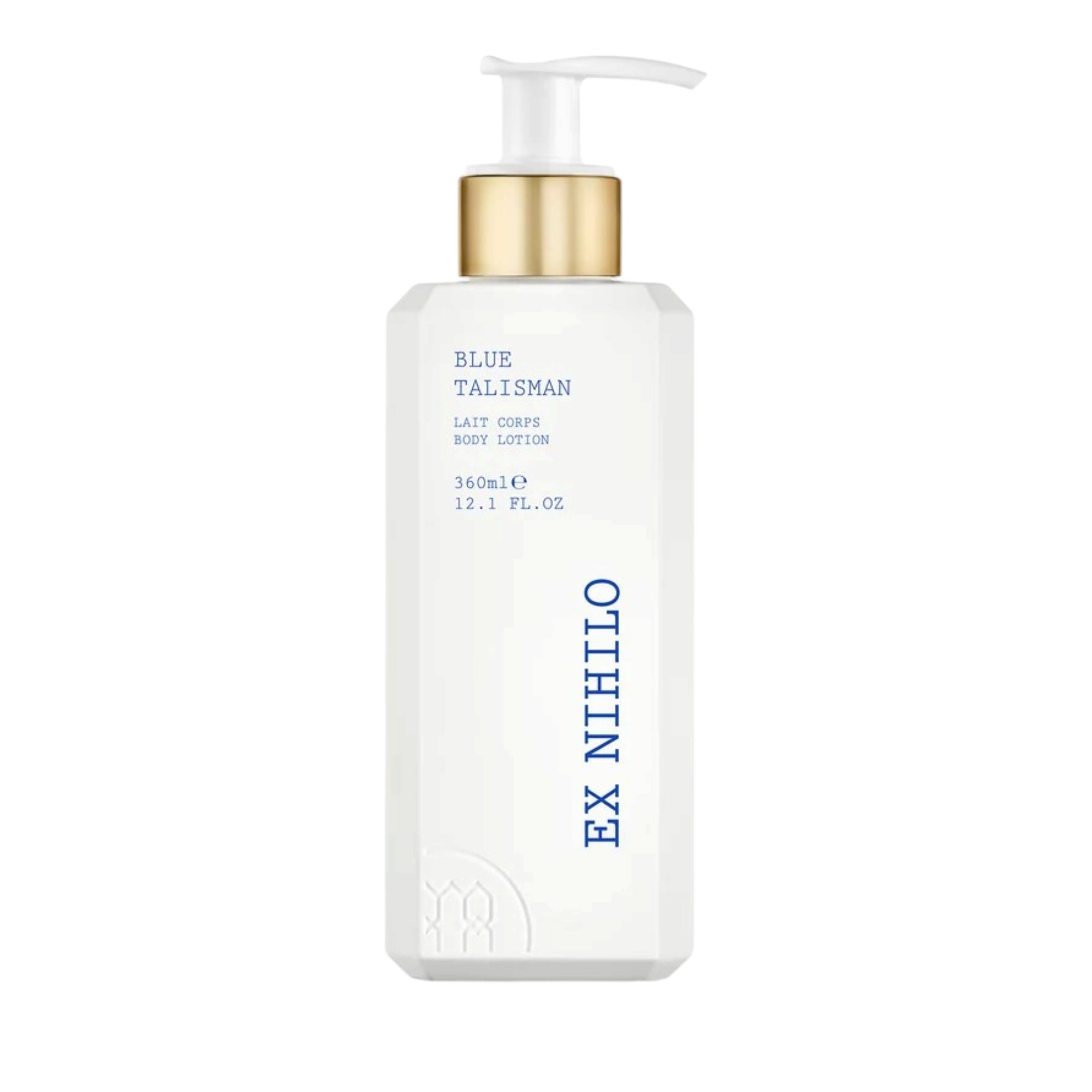 White rectangular body lotion bottle with bevelled edges, a gold-toned collar, and a white pump dispenser.
