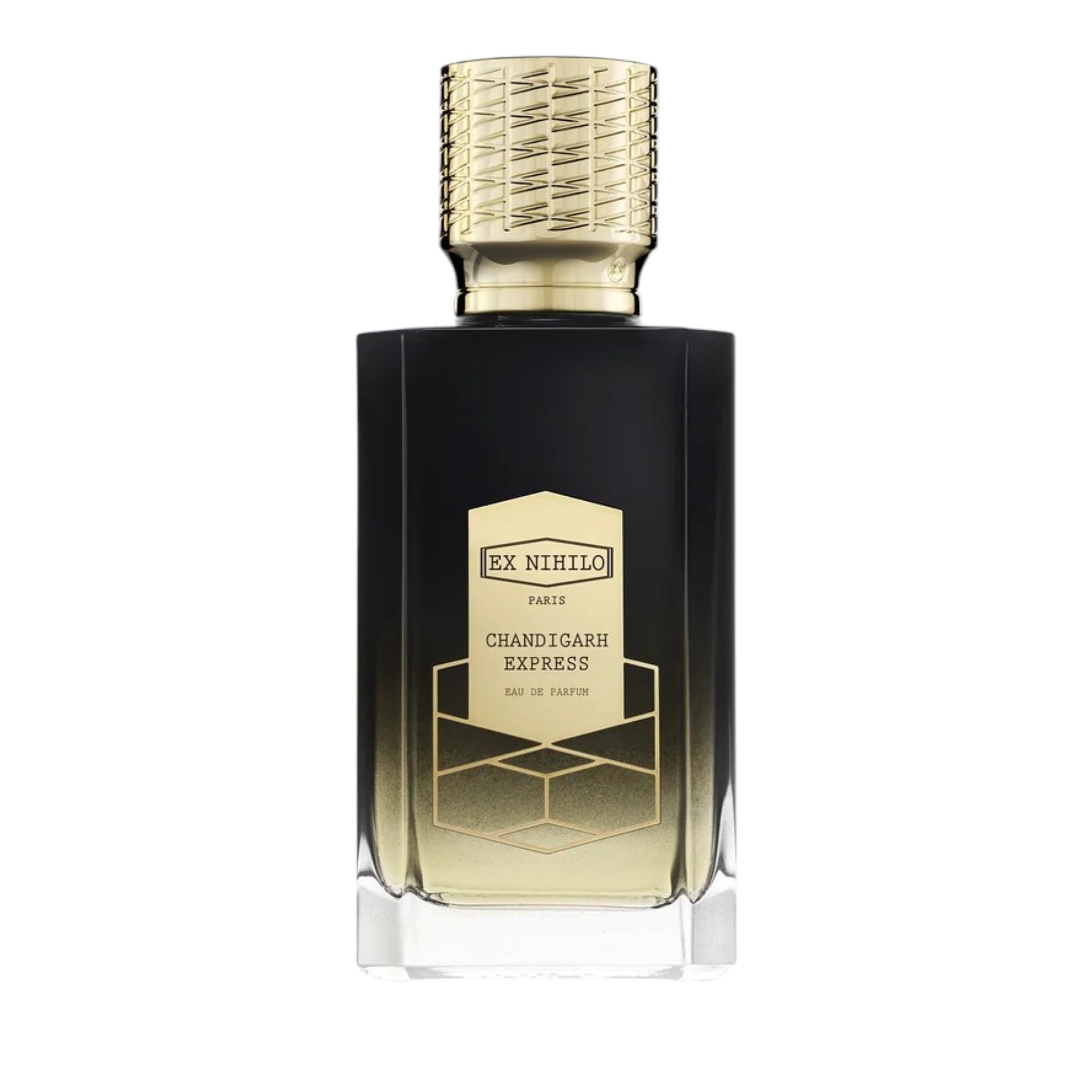Black and gold-toned faceted glass perfume bottle with a patterned gold cap and a label featuring geometric design.