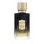 Black and gold-toned faceted glass perfume bottle with a patterned gold cap and a label featuring geometric design.