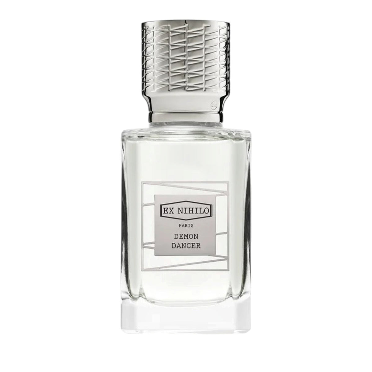 Clear glass EX-NIHILO DEMON DANCER perfume bottle with a light liquid and a silver-toned textured cap.