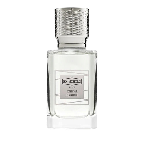 Clear glass EX-NIHILO DEMON DANCER perfume bottle with a light liquid and a silver-toned textured cap.