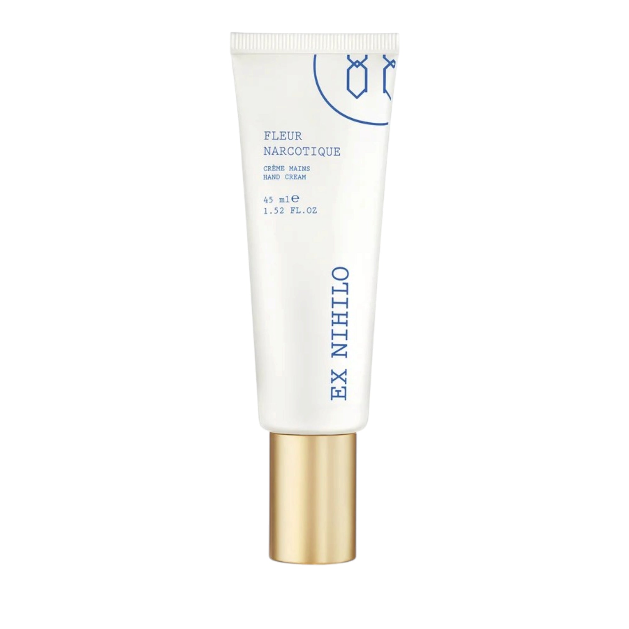 White squeeze tube of EX-NIHILO Fleur Narcotique Hand Cream with blue text and a gold-toned cap.