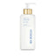 White rectangular body lotion bottle with bevelled edges, a white pump dispenser, and a gold-toned collar. Blue text reads 'L