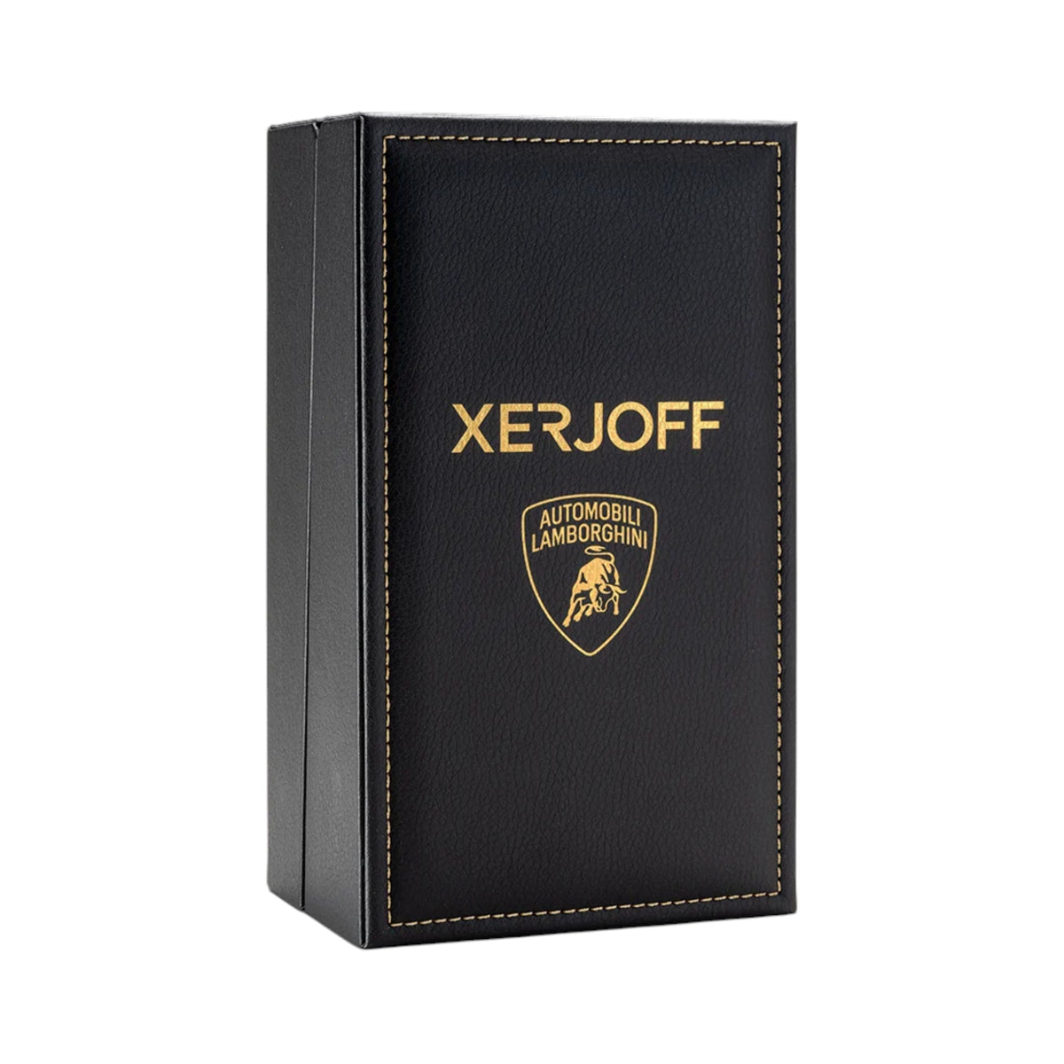 Black textured box with gold-toned stitching, 'XERJOFF' text, and a Lamborghini bull logo.