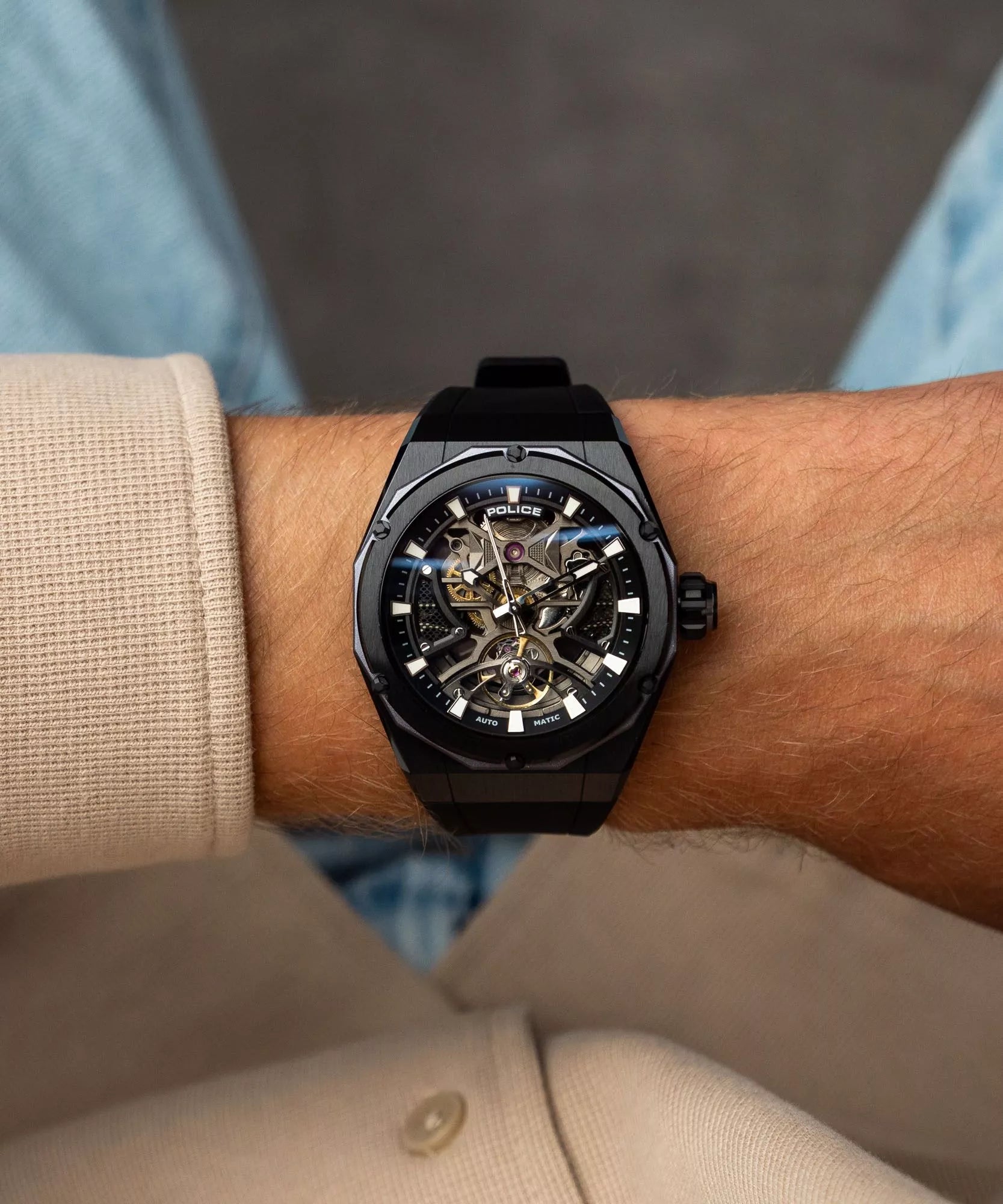 Police Dayton Skeleton men’s automatic watch with black silicone strap at Paris Gallery Qatar