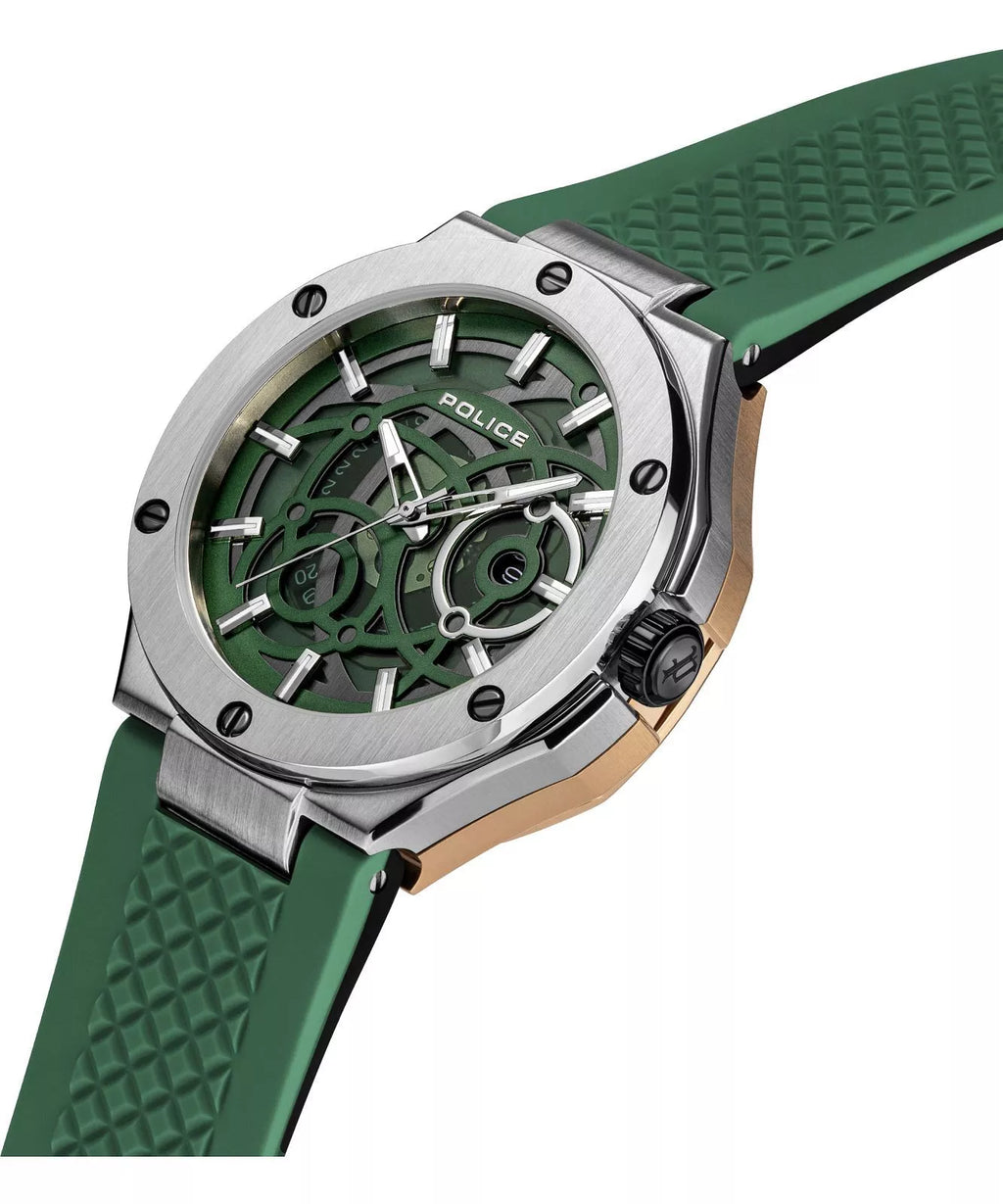 Police Dual Men's Silver & Rose Gold Case Black & Green Silicone Strap Watch