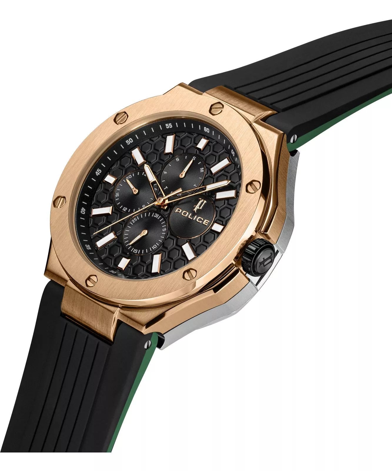 Police Dual Men's Silver & Rose Gold Case Black & Green Silicone Strap Watch