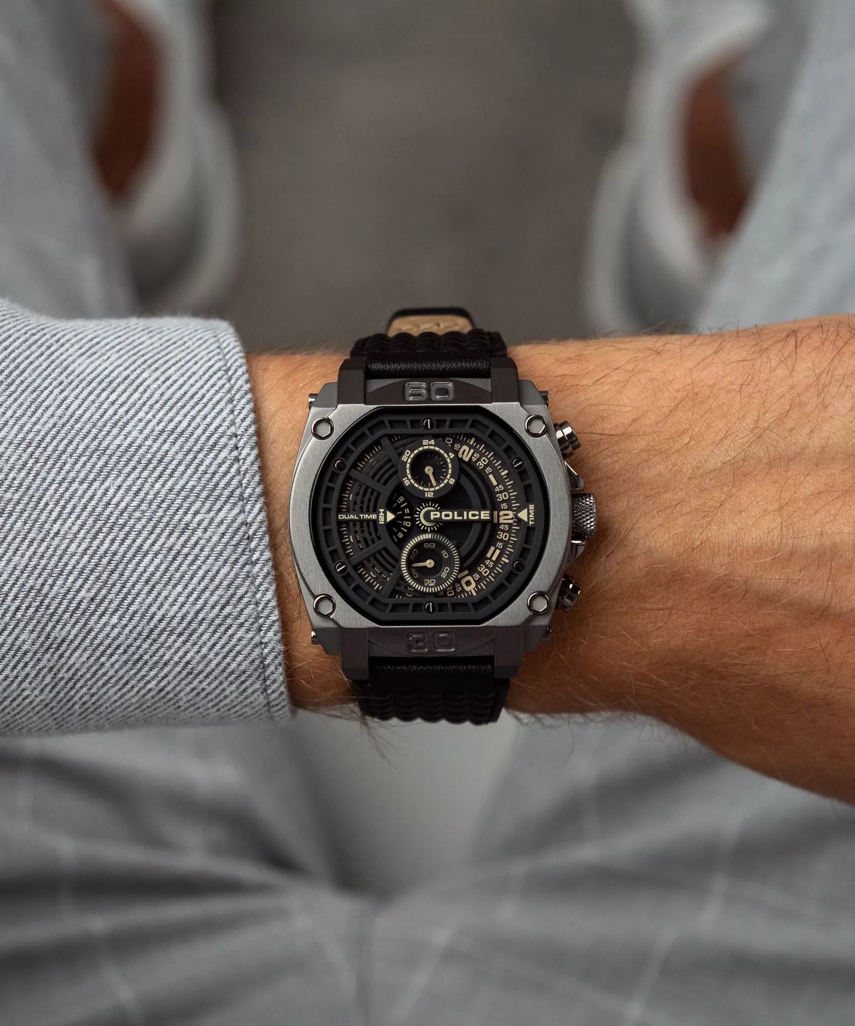 Police Norwood Dual Time Men's Watch - Gray Steel - Black Leather Strap