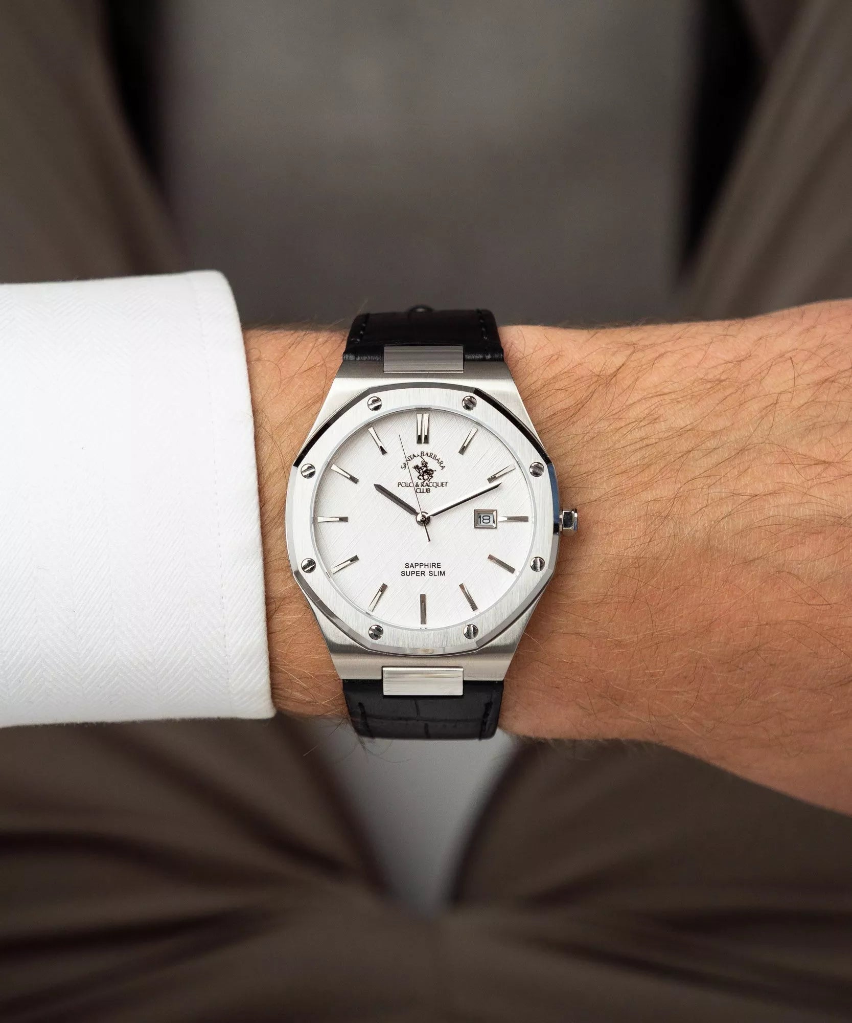 Santa Barbara Polo & Racquet Club Noble Men's Silver Dial Silver Case Black Leather Starp Watch