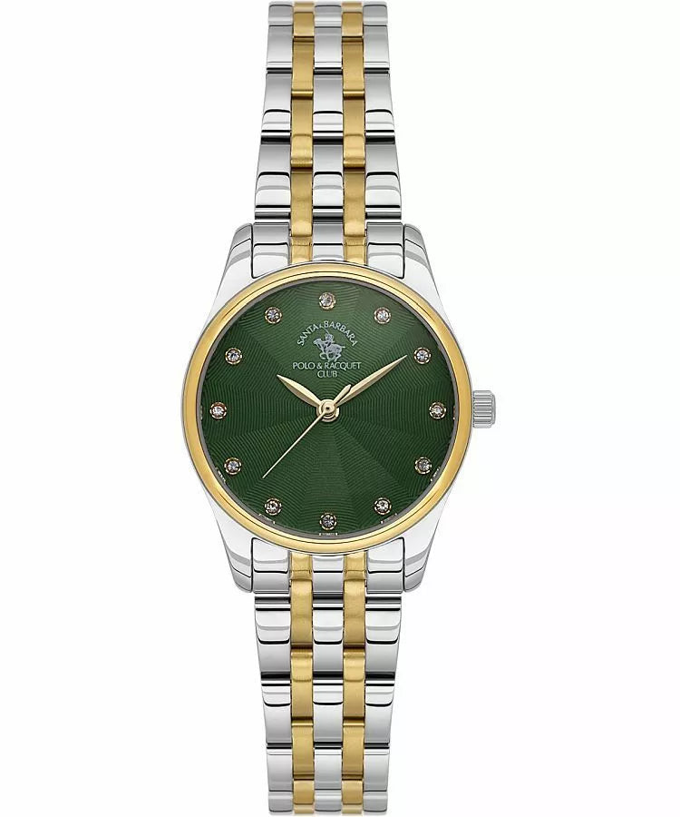 Santa Barbara Polo & Racquet Club women's watch with a round silver-toned case, gold-toned bezel, dark green textured dial wi