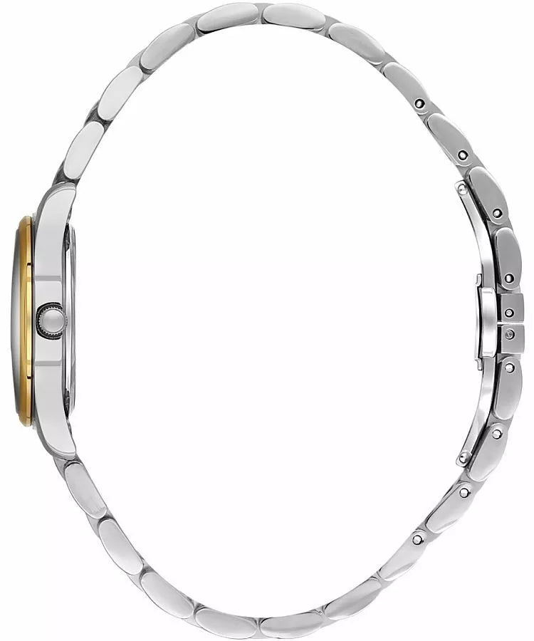 Side view of a watch with a silver-toned case, gold-toned bezel, and a silver-toned metal link bracelet.