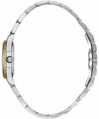 Side view of a watch with a silver-toned case, gold-toned bezel, and a silver-toned metal link bracelet.