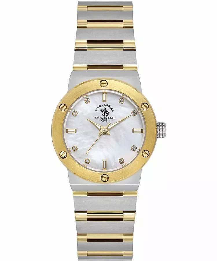Santa Barbara Polo & Racquet Club Unique Ladies White MOP Dial Silver-Gold Watch
