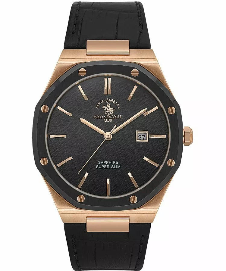 Santa Barbara Polo & Racquet Club Noble Men's Black Dial Rose Gold Case Black Leather Starp Watch