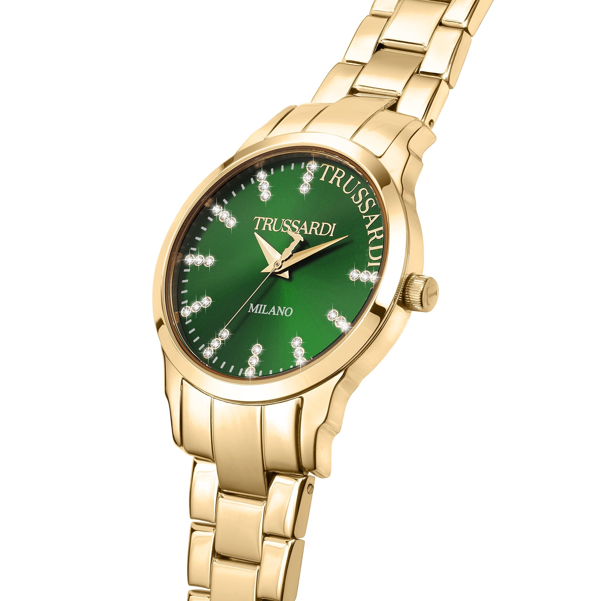 trussardi-t-bent-crystals-green-dial-gold-bracelet