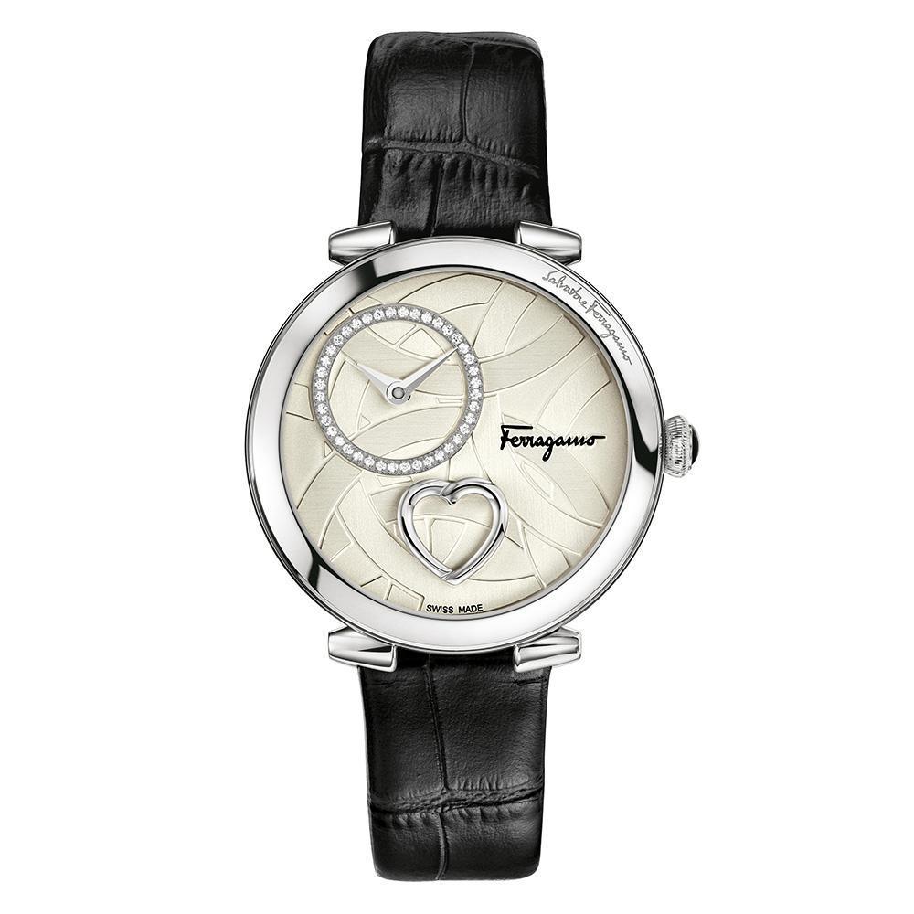 Cuore Ferragamo Watch, Leather Strap, Silver, Diamond Dial