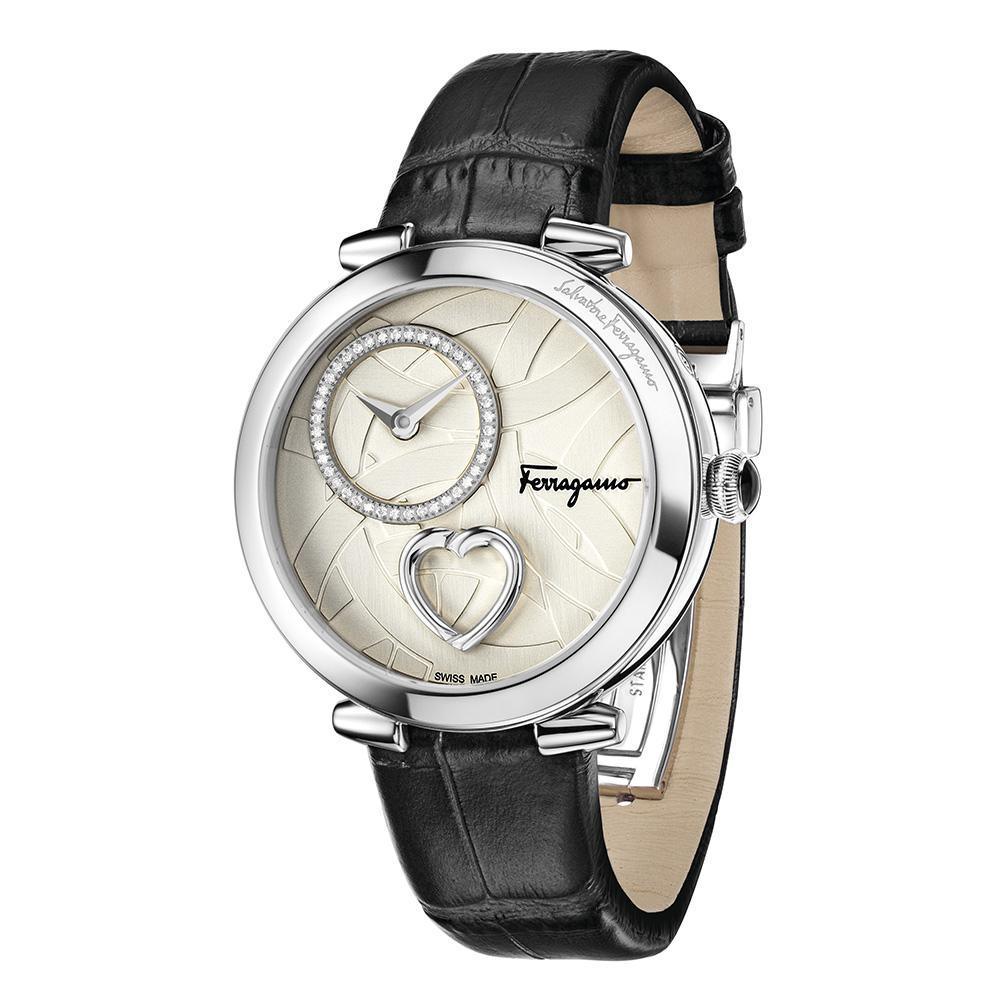 Cuore Ferragamo Watch, Leather Strap, Silver, Diamond Dial